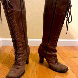 Brown Leather Knee-High Lace-Up Boots